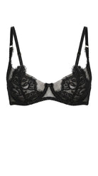 Flat-lay of the Amella black lace bra with sheer mesh cups and floral lace trim.