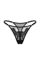 Flat-lay of the Amella black lace panties with floral lace front and sheer mesh sides.