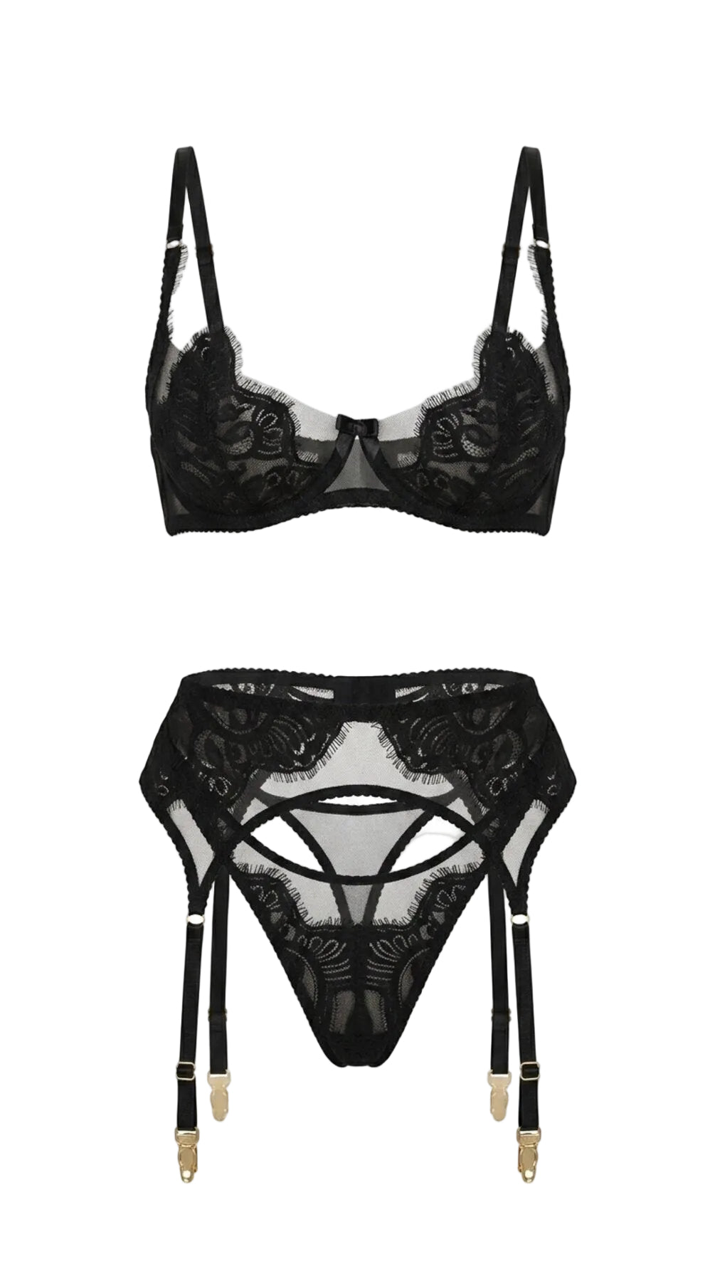 Flat-lay of the complete Amella black lingerie set — floral lace bra, garter belt, and matching panties.