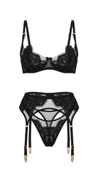 Flat-lay of the complete Amella black lingerie set — floral lace bra, garter belt, and matching panties.