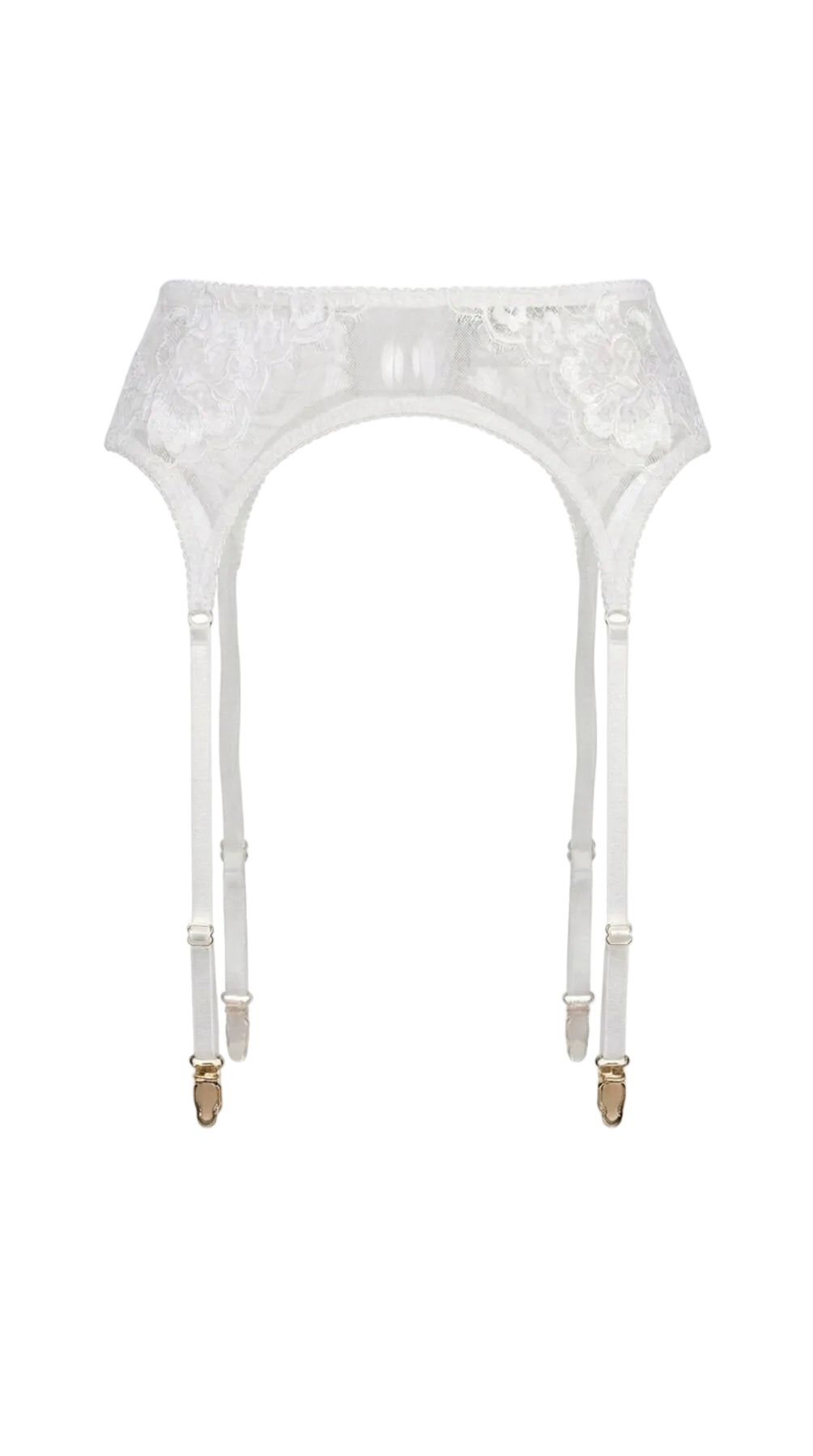 Flat-lay of the Amella white garter belt showing sheer mesh panels and floral lace scallop trim.