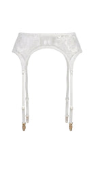 Flat-lay of the Amella white garter belt showing sheer mesh panels and floral lace scallop trim.