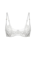Flat-lay of the Amella white lace bra with sheer mesh cups and floral lace trim.