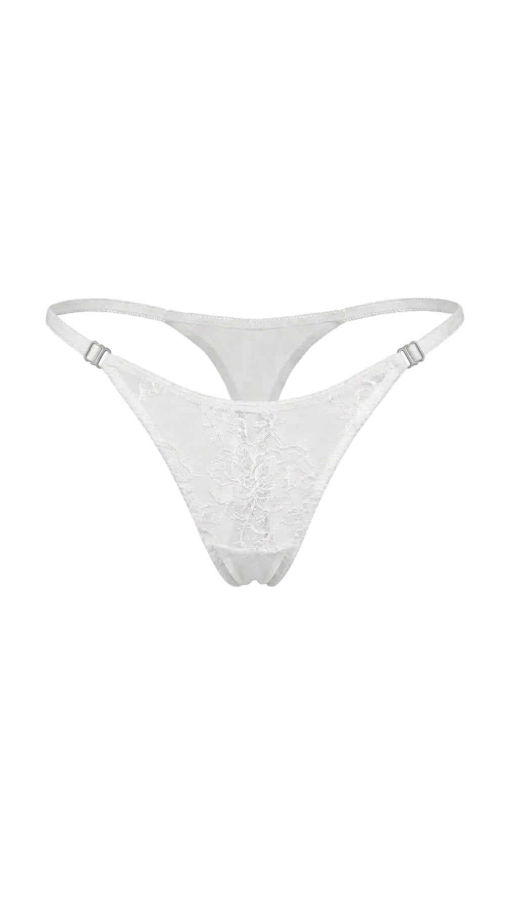 Flat-lay of the Amella white lace panties with floral lace front and sheer mesh sides.