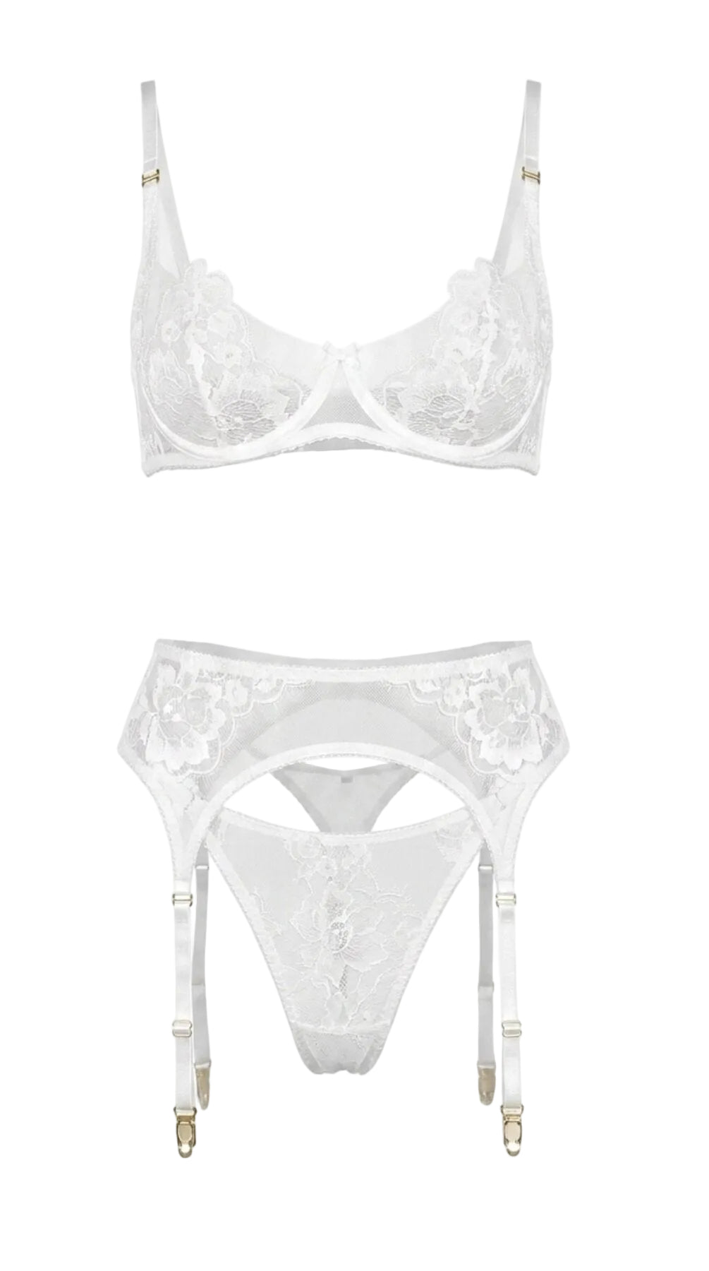 Flat-lay of the complete Amella white lingerie set — floral lace bra, garter belt, and matching panties.