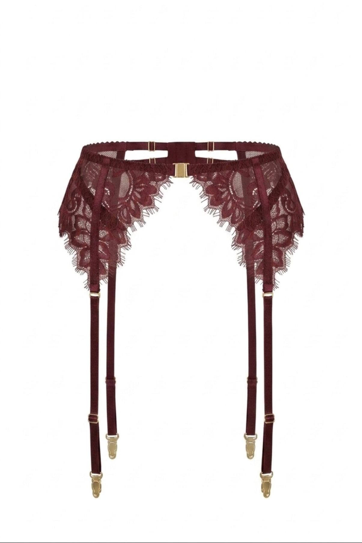 Flat-lay of the Ariana burgundy garter belt with floral lace panels and gold buckle clasp.