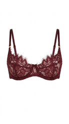 Flat-lay of the Ariana burgundy lace bra with floral lace cups and fine eyelash trim.