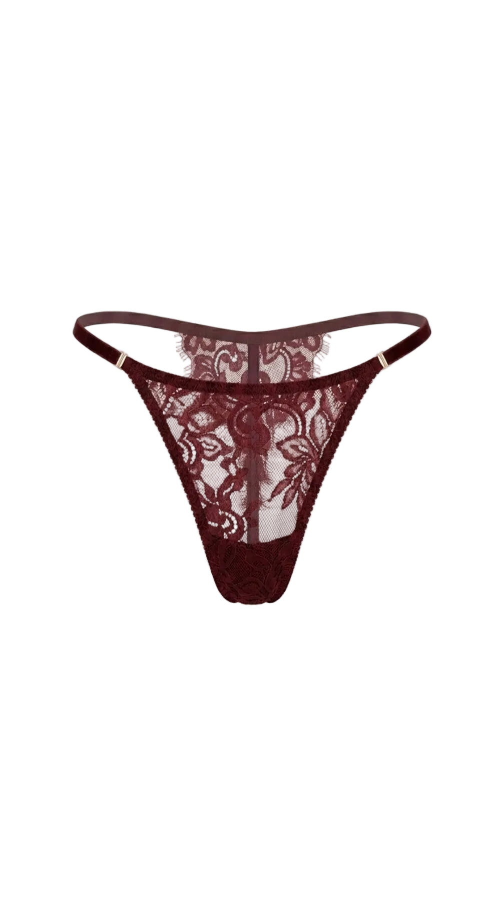 Flat-lay of the Ariana burgundy lace panties with floral lace front and sheer mesh sides.