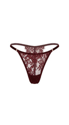 Flat-lay of the Ariana burgundy lace panties with floral lace front and sheer mesh sides.
