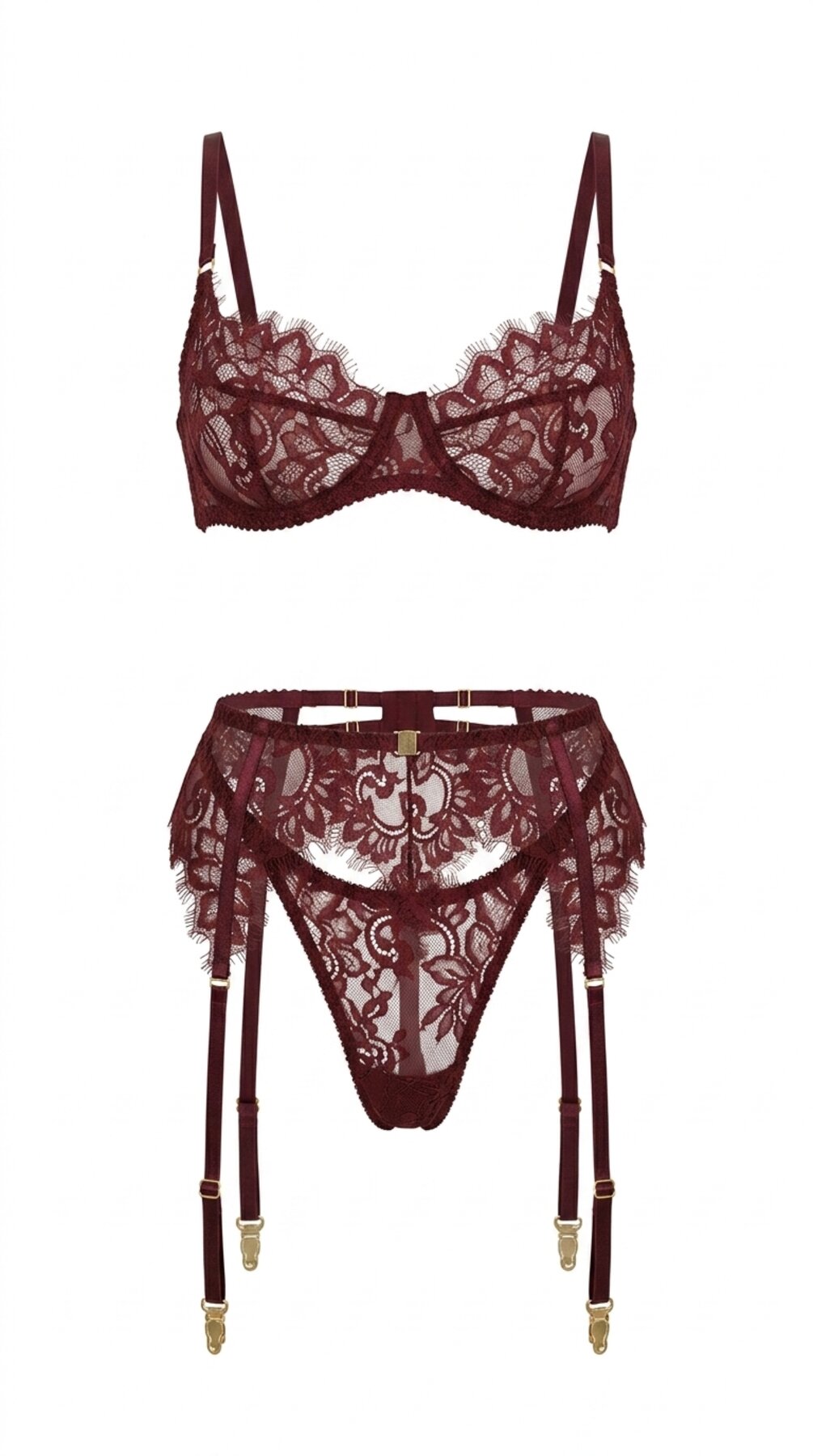 Flat-lay of the complete Ariana burgundy lingerie set — floral lace bra, garter belt, and matching panties.