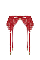 Flat-lay of the Ariana red garter belt with floral lace panels and gold buckle clasp.