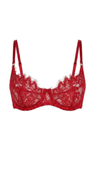 Flat-lay of the Ariana red lace bra with floral lace cups and fine eyelash trim.