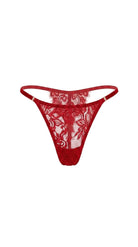 Flat-lay of the Ariana red lace panties with floral lace front and sheer mesh sides.