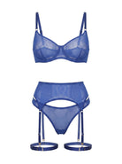 Front view of Basic Blue 3-piece lingerie set featuring cobalt blue sheer mesh and high-waisted garter belt.