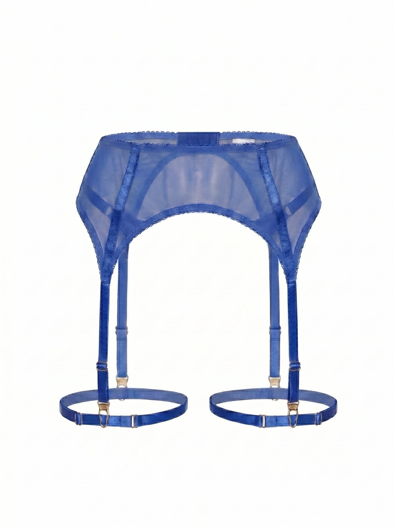 Front view of the Basic Blue garter belt featuring high-waisted cobalt mesh and cutouts.