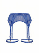 Front view of the Basic Blue garter belt featuring high-waisted cobalt mesh and cutouts.