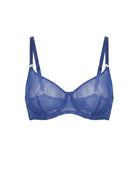 Close-up of the Basic Blue underwire bra in cobalt sheer mesh with adjustable straps.