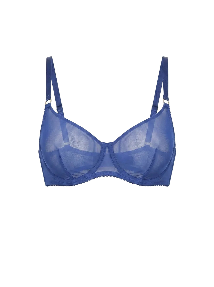 Close-up of the Basic Blue underwire bra in cobalt sheer mesh with adjustable straps.