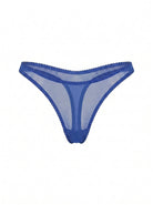 Front view of Basic Blue thong panties in cobalt sheer mesh with adjustable straps.