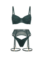 Front view of Basic Green 3-piece lingerie set in emerald mesh with unique V-shape design.