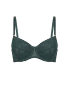 Detailed view of the Basic Green underwire bra in deep emerald sheer mesh.