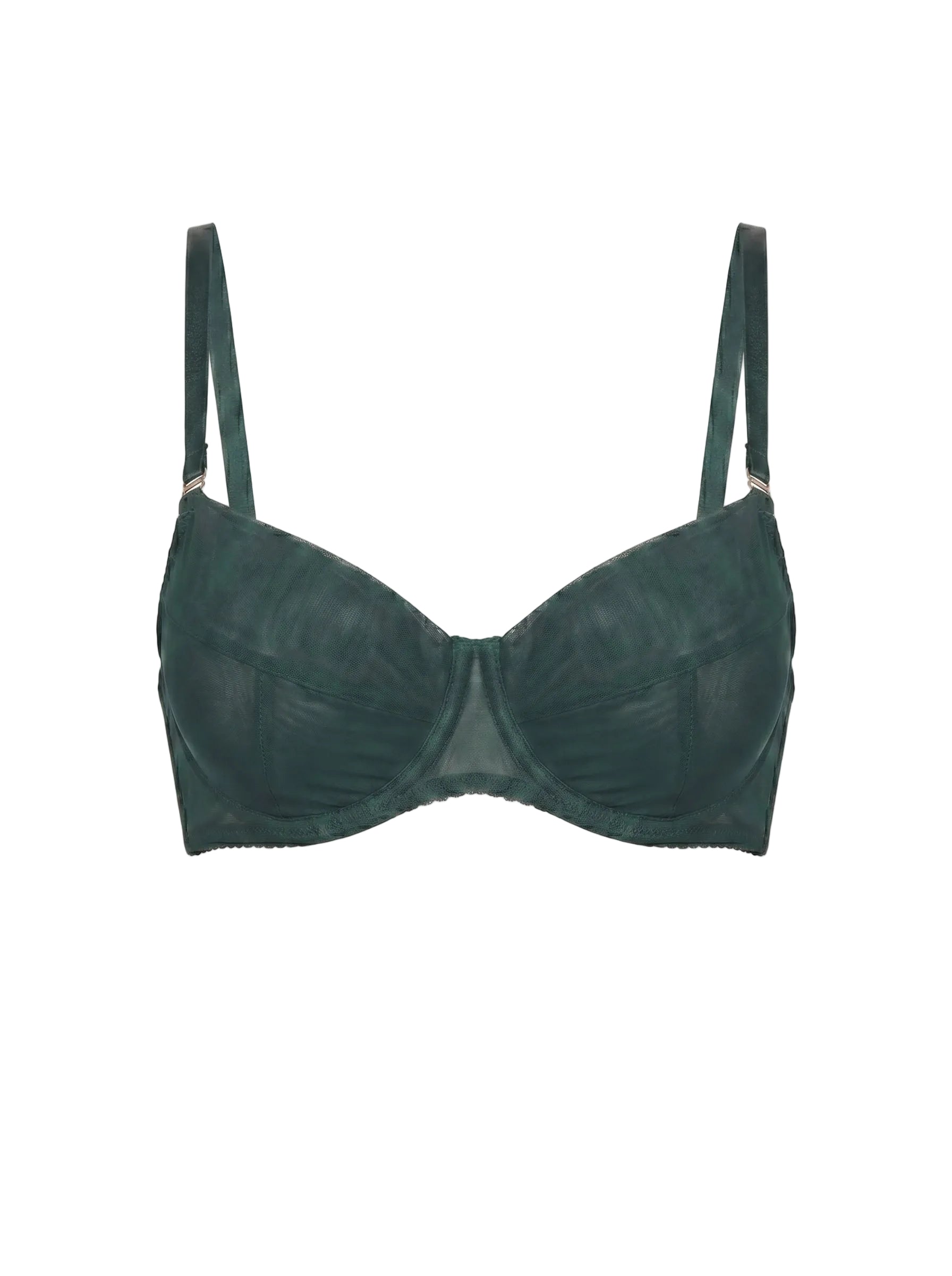 Detailed view of the Basic Green underwire bra in deep emerald sheer mesh.