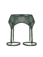 Front view of the Basic Green garter belt with architectural V-shaped emerald mesh