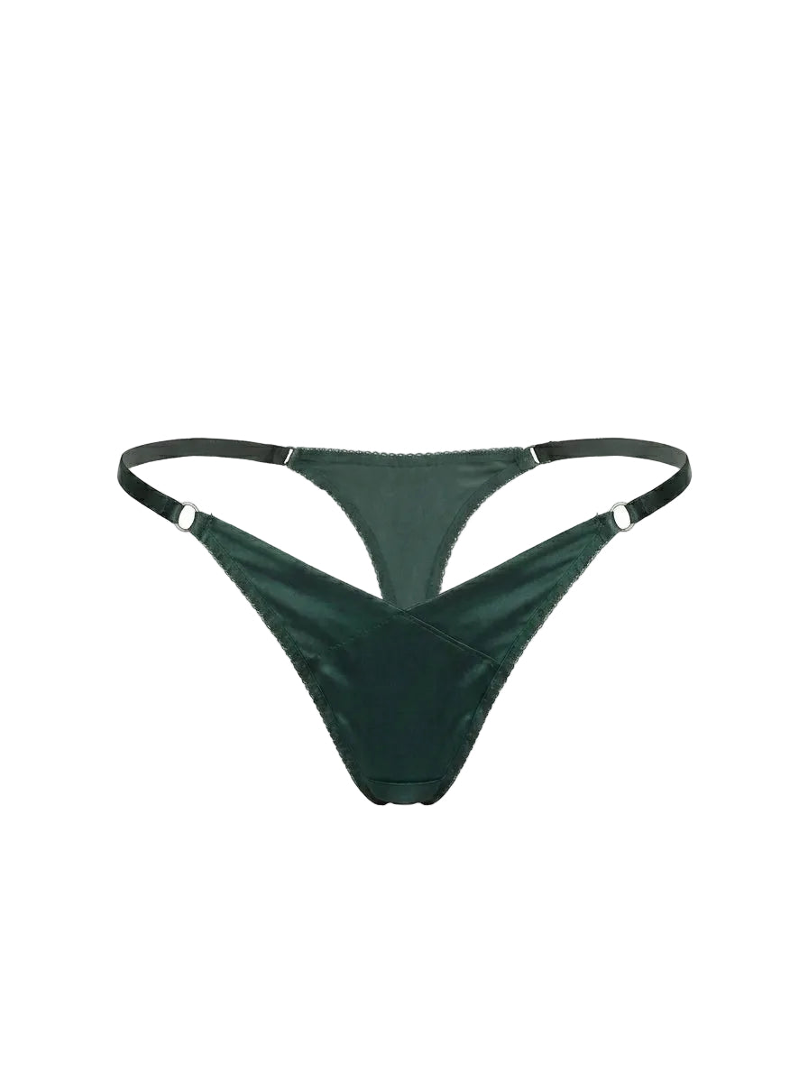 Front view of Basic Green V-style thong panties in emerald sheer mesh.