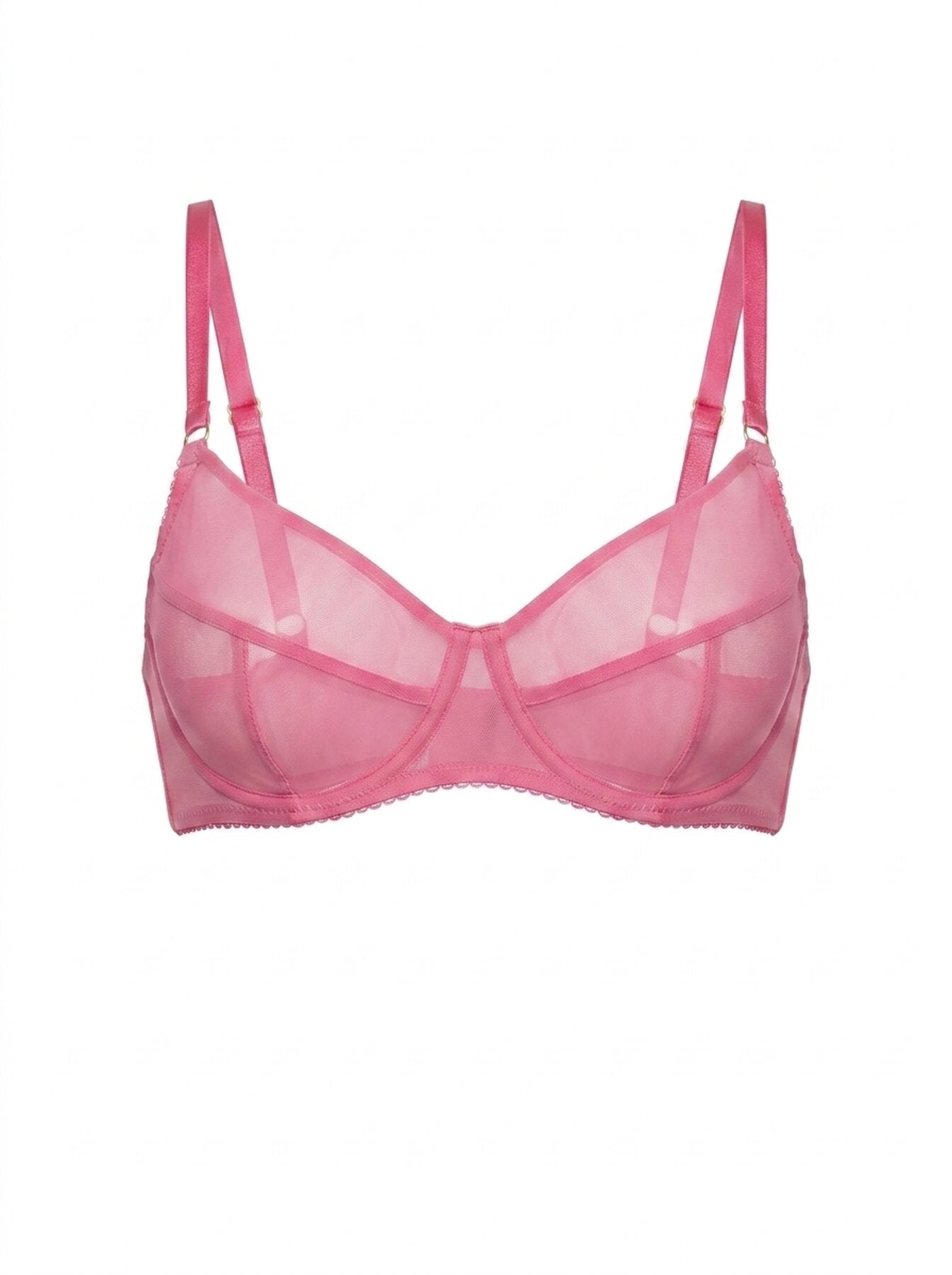 Close-up of the Basic Pink underwire bra featuring pink mesh and decorative ring straps.