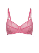Close-up of the Basic Pink underwire bra featuring pink mesh and decorative ring straps.