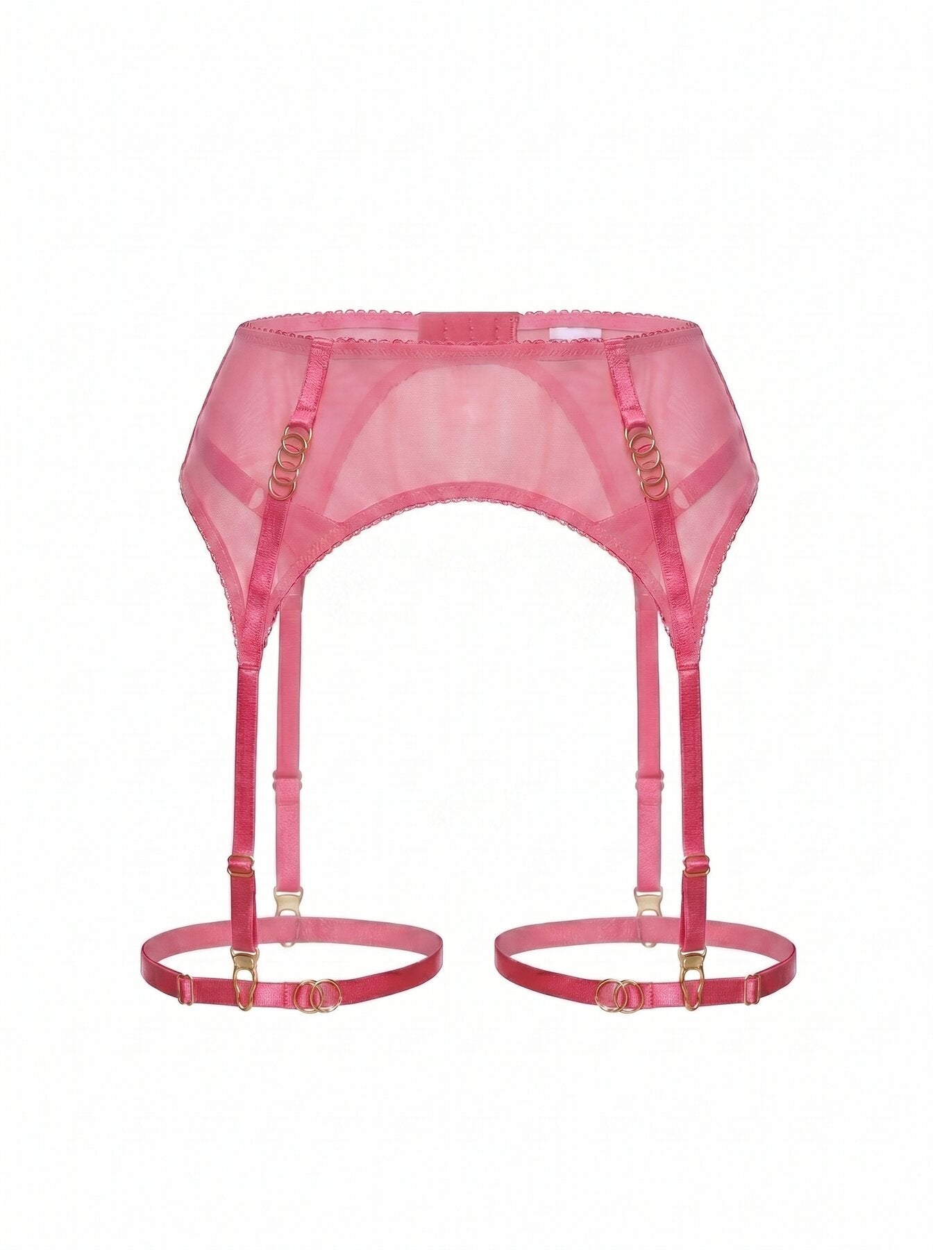 Front view of the Basic Pink garter belt with pink mesh and gold-toned ring accents.