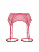 Front view of the Basic Pink garter belt with pink mesh and gold-toned ring accents.