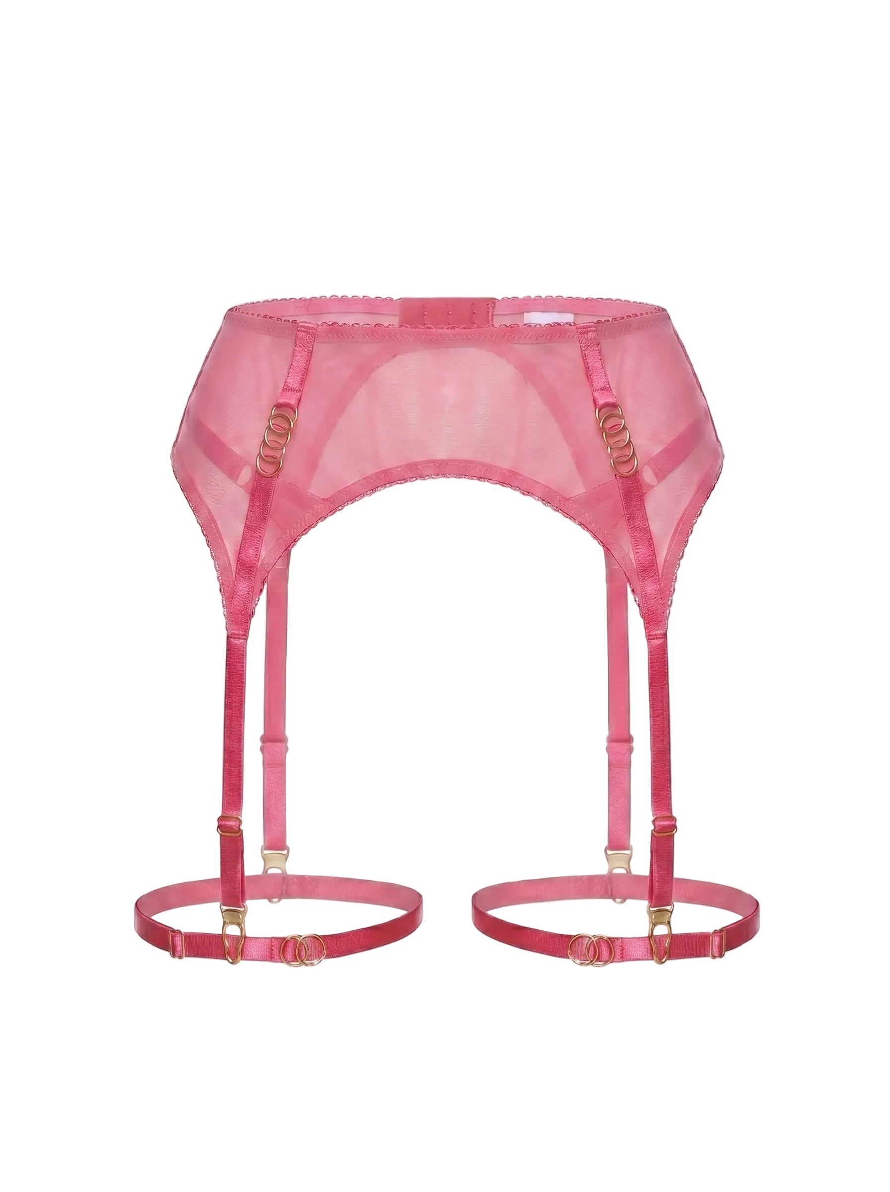Front view of the Basic Pink garter belt with pink mesh and gold-toned ring accents.