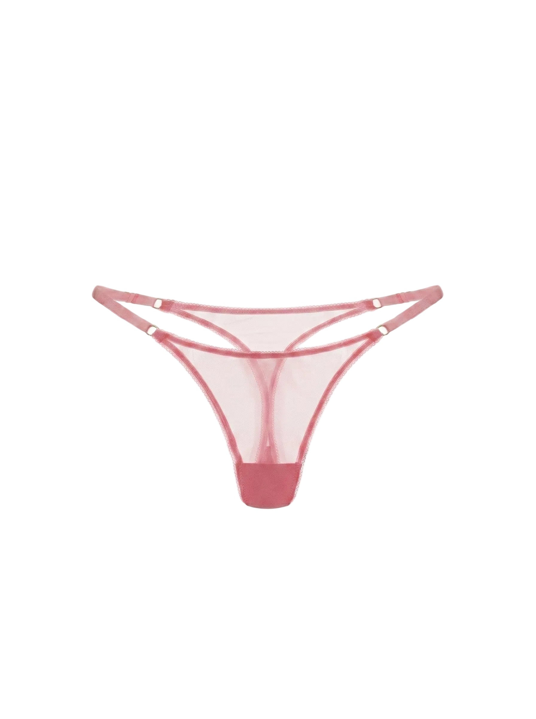 Front view of Basic Pink thong panties in pink sheer mesh with adjustable straps.