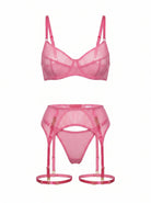 Front view of Basic Pink lingerie set in sheer pink mesh with decorative ring hardware.