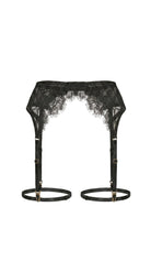 Handcrafted noir lace bra and high-waisted garter belt from the Bella artisanal collection.