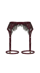 Sculptural Bella bordeaux garter belt with intricate lace detailing and adjustable gold-toned hardware.