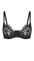 Bella black lace bra featuring architectural mesh panels and custom tailoring for a perfect fit.