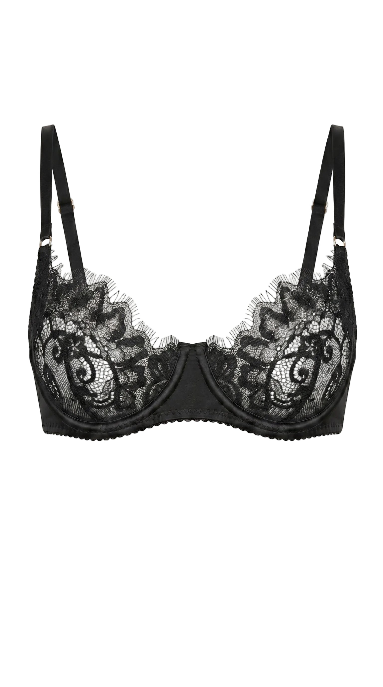 Bella black lace bra featuring architectural mesh panels and custom tailoring for a perfect fit.