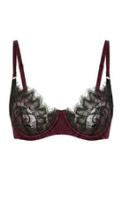 Bella bordeaux lace bra featuring architectural mesh panels and custom tailoring for a perfect fit.