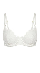 Bella white bridal lace bra featuring architectural mesh panels and custom precision fit.