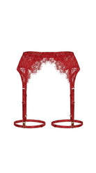 Product shot of the Bella red lace garter belt on a white background, showing the scalloped lace trim and adjustable strap hardware.