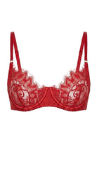 Product shot of the Bella red lace bra on a white background, featuring sheer lace cups and satin underwire trim.