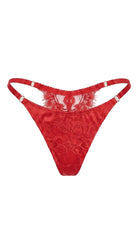 Product shot of the Bella red lace thong on a white background, highlighting the adjustable side straps and lace detailing.