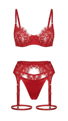 Product flat-lay of the Bella red lace bra and garter belt set on a white background, showing the matching lace pattern and satin trim.