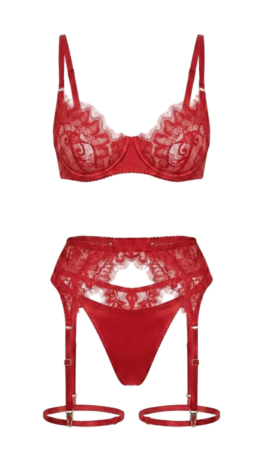 Product flat-lay of the Bella red lace bra and garter belt set on a white background, showing the matching lace pattern and satin trim.