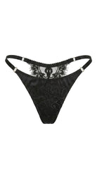 Detailed view of artisanal black embroidery and sheer mesh on the Bella set.