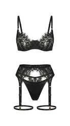 Handcrafted noir lace bra and high-waisted garter belt from the Bella artisanal collection.