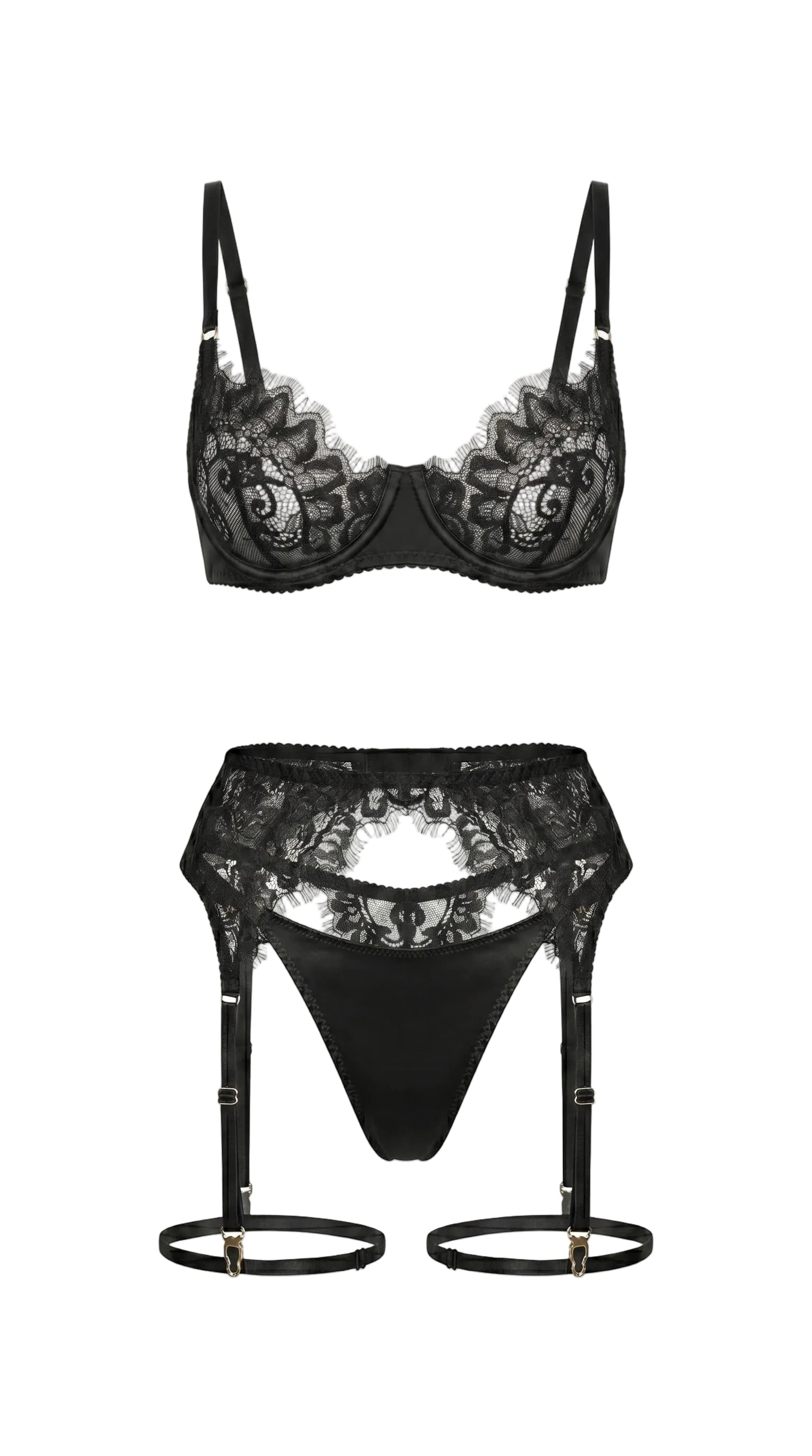 Handcrafted noir lace bra and high-waisted garter belt from the Bella artisanal collection.