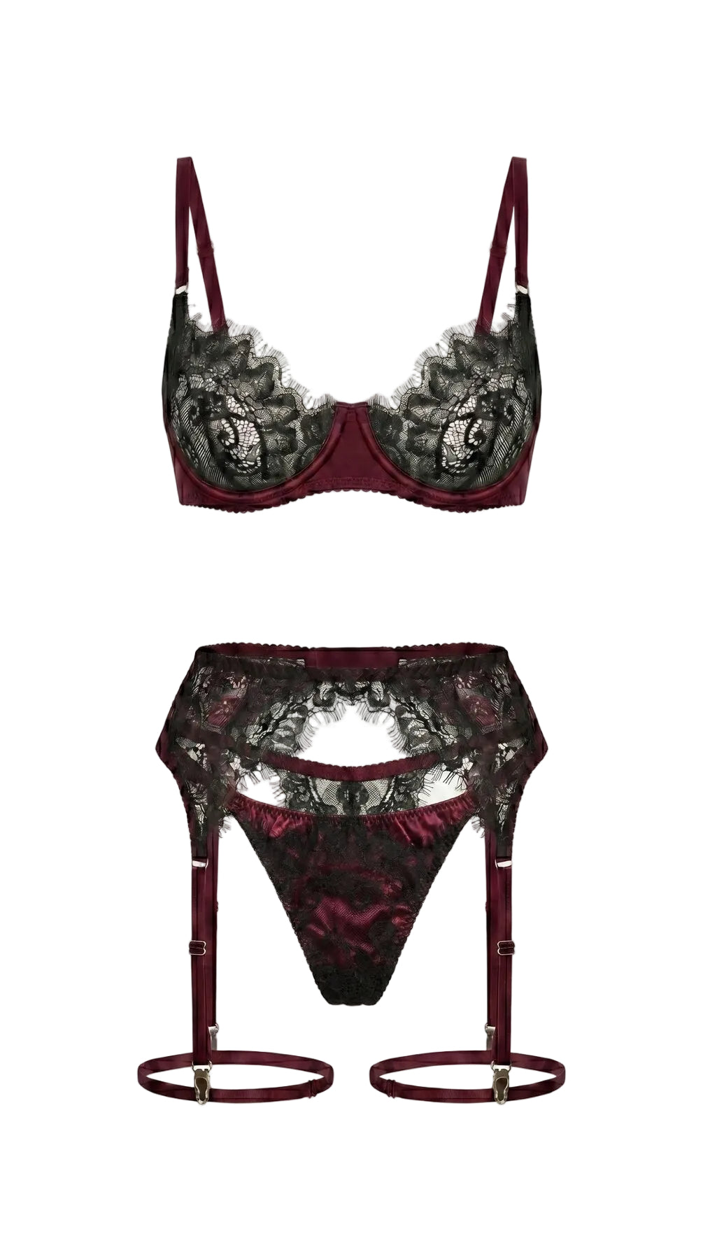 Detailed view of artisanal bordeaux lace and translucent mesh on the Bella set.